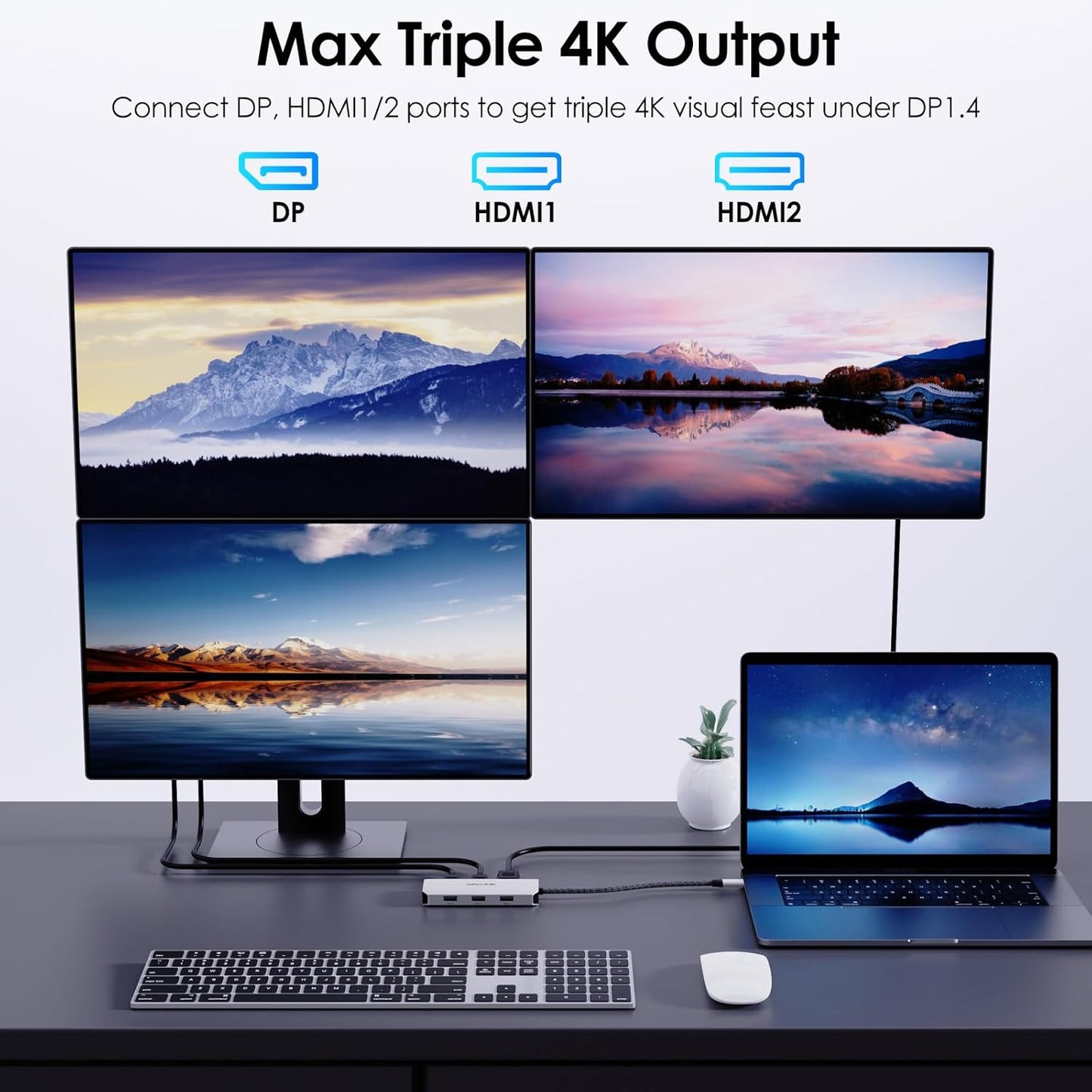WAVLINK USB C Docking Station for MacBook Dell XPS 13/15, Lenovo Yoga, HP Laptops, USB C to Dual HDMI Monitors for Windows, Dual HDMI, Displayport, VGA, 3 USB 2.0 Ports, Silver