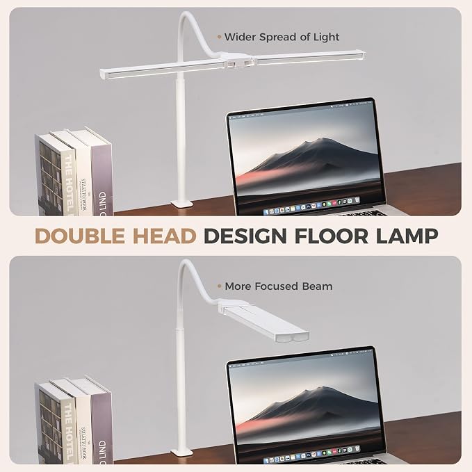 LED Desk Lamp for Home Office, Double Head Desk Light with Clamp | 3 Modes 10 Brightness, Long Flexible Goose-Neck, Eye-Caring, Memory Function, Energy Efficient, USB Adapter, Metal, White