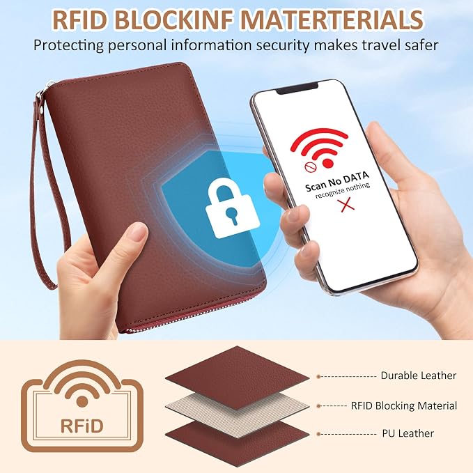 RFID Passport Holder for Travel Family with Coin Pocket, Brick Red | Leather Passport Cover for 2, Travel Document Organizer with Wrist Strap & 24 Card Slots, for Women Men