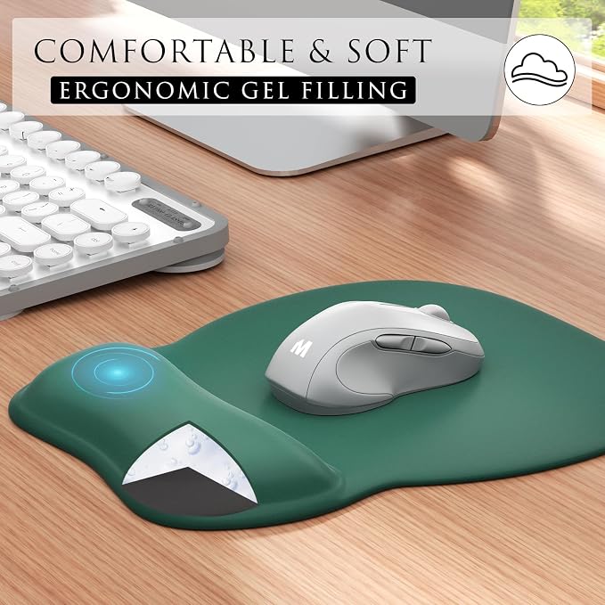 MROCO Ergonomic Mouse Pad with Gel Wrist Rest, 9.4 x 8.1 in, Forest Green | Ergonomic Shape Design, Multiple Pattern Options, Gel Wrist Comfort, Smooth Lycra Surface, Non-Slip PU Base