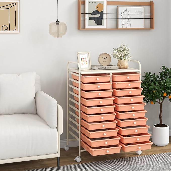 COSTWAY 20-Drawer Rolling Storage Cart, Utility Storage Organizer Cart | For Tools, Scrapbook, Paper, Craft, Multipurpose Storage Trolley on Wheels for Home Office School (Peach)