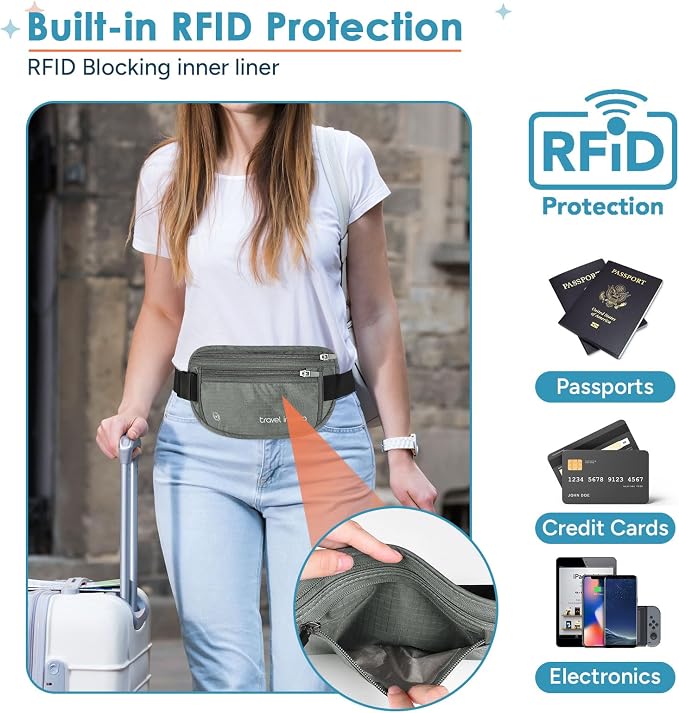 Money Belt Travel Fancy Pack with Slim Anti-Theft RFID Blocking | Waist for Travel Concealed under Clothes for Ultimate Protection of Credit Cards, Cash, Passport & Documents, Grey