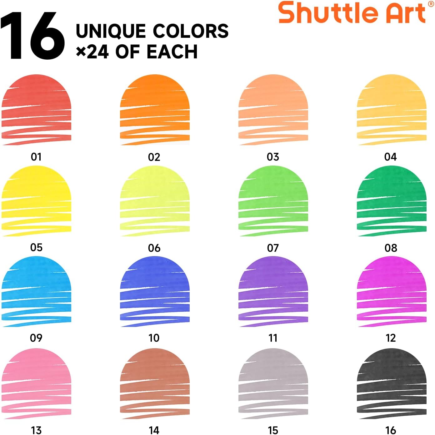 Shuttle Art 384 Pack Washable Super Tips Markers, 16 Assorted Colors Conical Tip Large Markers Bulk with a Box, Bonus Caps, Home Classroom School Supplies for Toddlers Kids Adults Students Teachers