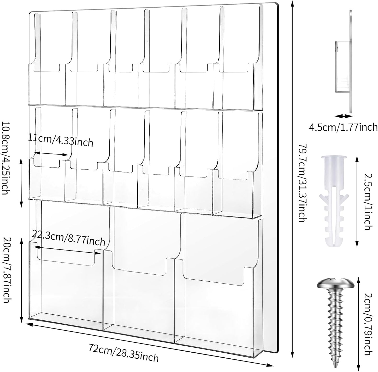Weysat Acrylic Brochure Holder Wall Mount, Clear Plastic Pamphlet Holder Magazine Display Trifold Flyer Rack Hanging Literature Storage Organizer(3 Magazine Pockets, 12 Pamphlet Pockets)