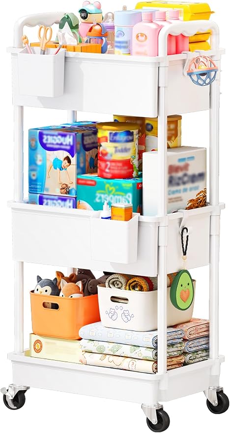 SUNALLY Baby Diaper Caddy Cart,3 Tier Rolling Diaper Cart for Nursery,White | Large Capacity & Easy Assemble Diaper Storage Organizer with Lockable Wheels for Newborn, New Mom, Baby Girl Boy Essentials