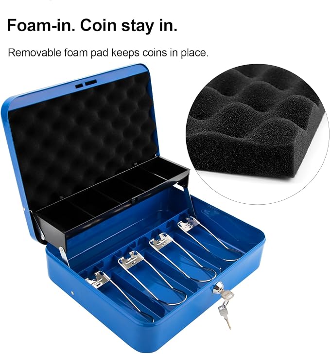Jssmst Locking Large Metal Cash Box with Money Tray, Lock Money Box with Key, Blue, CB00513XL