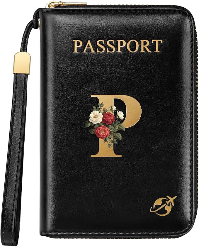 Passport Holder for Travel Personalized Wallet with Wristlet Women | Passport Cover, RFID Blocking, Passport Book Holders, Back Coin Pocket, Zipper Closure, Roses Initial Letter, Black P