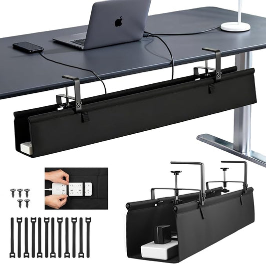Oxford Cloth Under Desk Cable Management Tray,No-Drill 36" Desk Cable Management Organizer with Clip/Screw Installation,Fabric Cable Management for Home,Office & Gaming Computer(Black)
