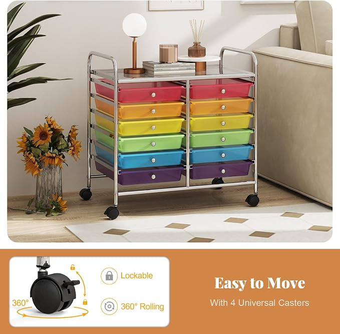 RELAX4LIFE 12-Drawer Rolling Storage Cart - Mobile Utility Cart on Wheels for School Classroom Teacher Office Salon, Paper File Art Supply Craft Organizer, Rolling Cart with Drawers (Rainbow)
