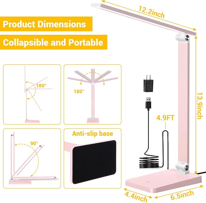 LED Desk Lamp for Home Office, 3 Levels Dimmable Desk Light with USB Charging Port, Reading Lamp for Table Study Work Office Nail Craft Puzzle, Pink, 5000K