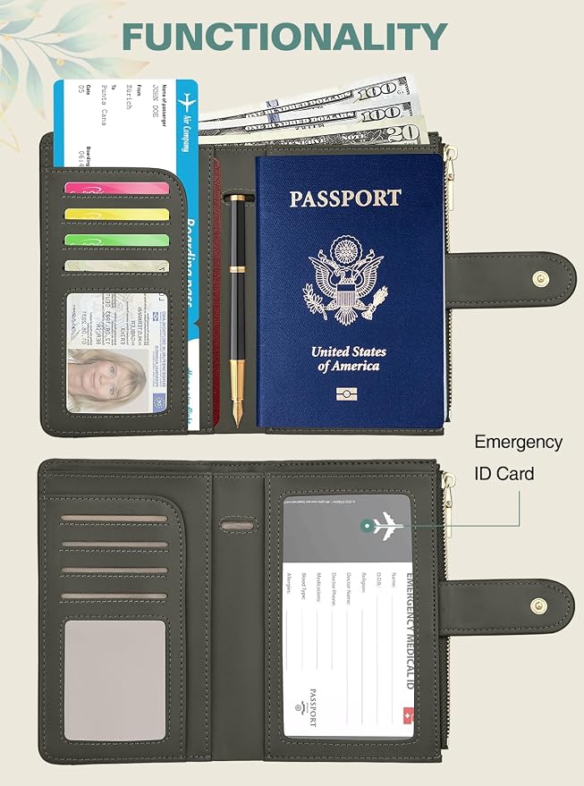 RFID Passport Holder for Travel, Leather Passport Wallet Cover with Airtag | with Airtag Slot, Card Cash Holders, Zippered Coins Pocket, for Women/Men, Gift Box, Travel Essentials, 4.1"L x 1"W x 6.3"H