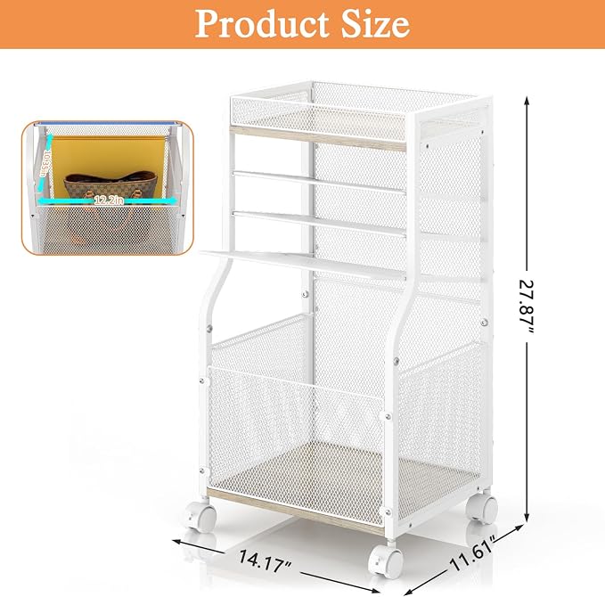 3IngSeagulls Rolling File Cart, 5-Tier Mobile Filing Cabinet on Lockable Wheels, Under Desk Storage, Office Hanging Folder Storage Organization Mobile Cabinet for Office, Home, and School, White