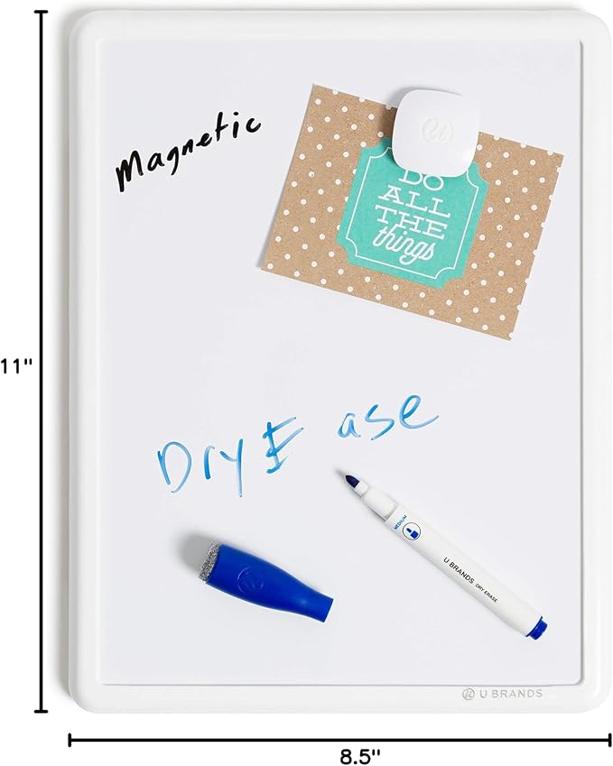 U Brands Contempo Magnetic Small Whiteboard, 8.5” x 11”, White Modern Frame, Mini White Board for Students, Fridge and Locker Dry Erase Board, Includes 4 Markers & Magnet
