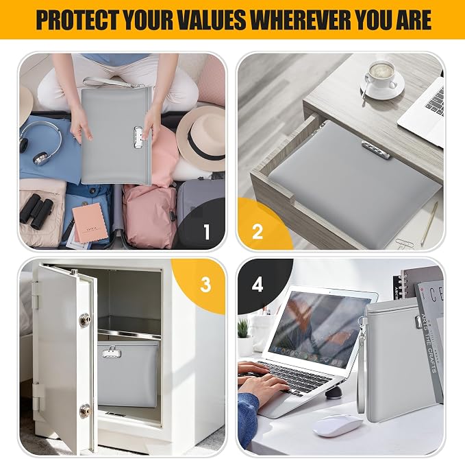 Fireproof Document Bag with Lock, ZOOPIP 14.6"x10.5" Fireproof and Waterproof Money Bag with Zipper Closure, Storage Pouch for A4 Letter Size Document, Cash, Cell Phone, Passport-Gray