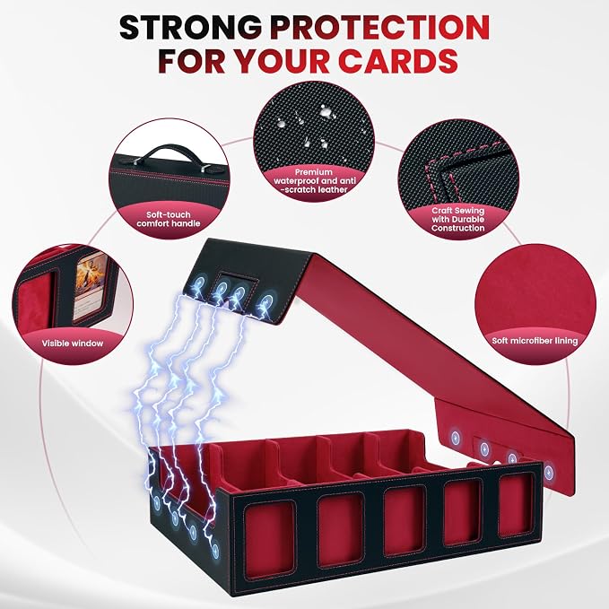 Red Trading Card Storage Box with Handle,5-Row Portable Game Case for 4000+ Cards, Leather Card Collection Case with Commander Display Window for MTG, Yugioh, and Sports Cards,Gifts for Card Collector
