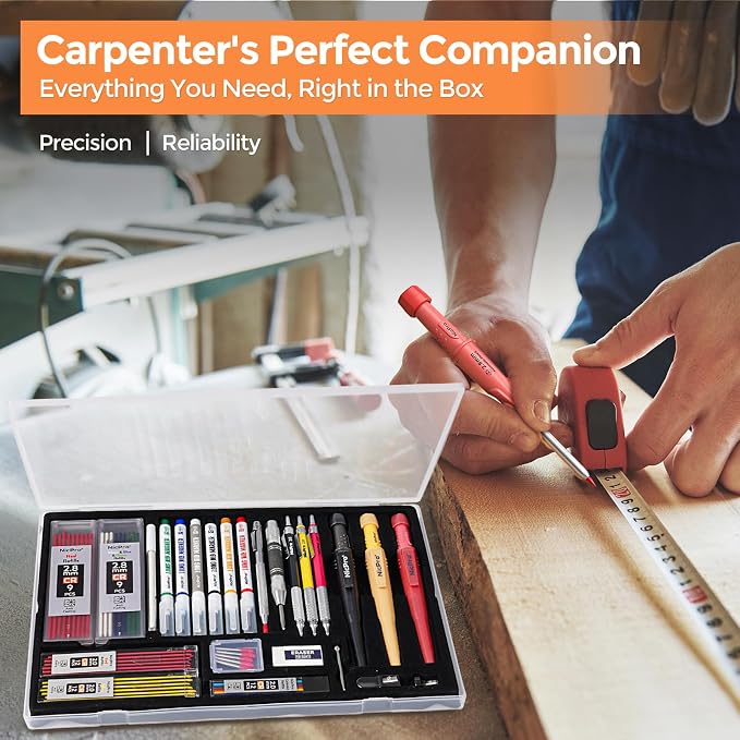 Nicpro 36PCS CP3000 Mechanical Carpenter Pencil Set with Sharpener & Sheath | 85 Refills, 6PCS Long Nib Marker, Center Punch, Carbide Scribe Tool, Heavy Duty Construction Pencil for Architect Woodworking