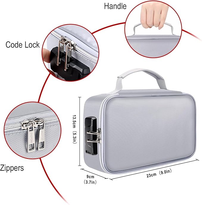 ENGPOW Small Fireproof Storage Organizer Case with Lock, 9”x 5.3”x 3.7” | Money Safe Wallet Carrying Bag with Multi-Pocket,Portable Home Travel for Cash,Card,Passport,Coin,Check,Bill,Soft Box,Silver