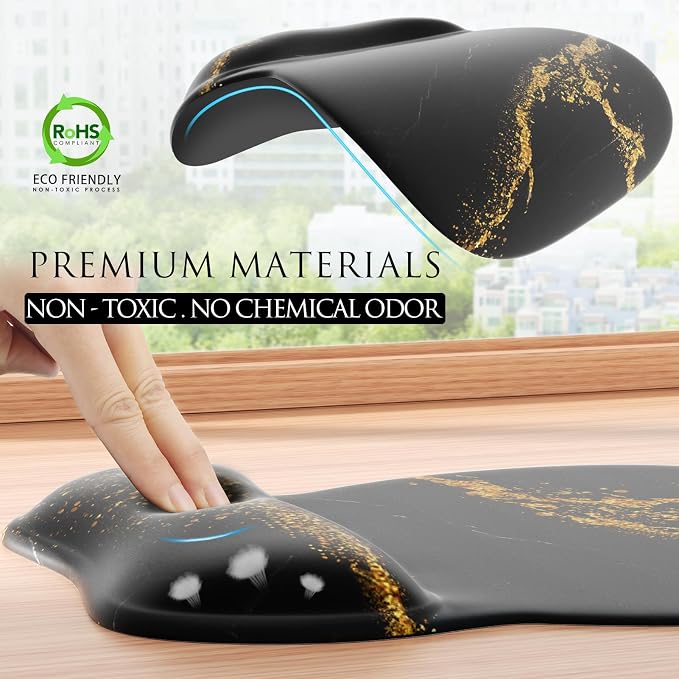 MROCO Ergonomic Mouse Pad with Gel Wrist Rest, 9.4 x 8.1 in, Black Gold | Ergonomic Shape Design, Multiple Pattern Options, Gel Wrist Comfort, Smooth Lycra Surface, Non-Slip PU Base