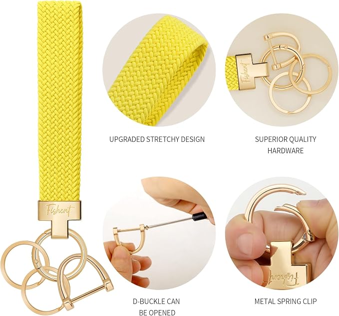 Fishent Stretchy Wristlet Keychain, Cute Key Chain, Woven Wrist Lanyard for Car Keys with 3 Keyrings and D-ring for Women Men