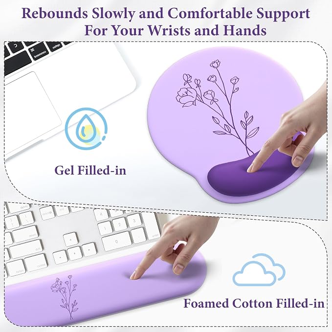 3 in 1 Ergonomic Mouse Pad and Keyboard Wrist Rest with Coaster Set-Purple | Cute Large Mousepad with Gel Wrist Support for Gaming Computer Laptop Women Office Home Desk Decor