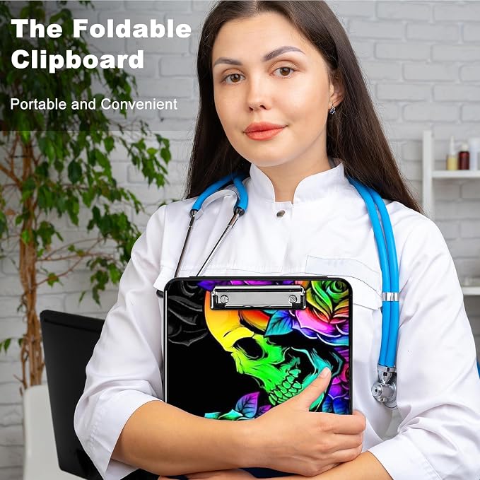Plastic Storage Clipboard with Low Profile Clip, Heavy Duty Foldable Nursing Clipboard Case for Work, Teacher, Office School Supplies, Colorful Skull Rose Flower