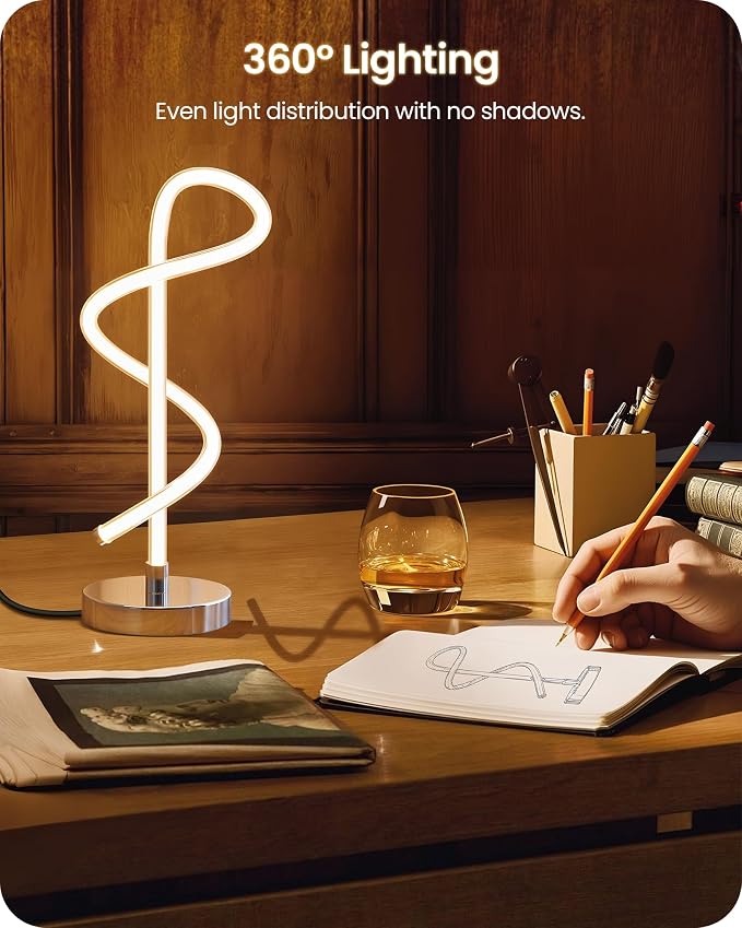 Modern LED Table Lamp, Bedside Lamp with 3 Color Temperatures, Adjustable Brightness, 360° LED Lighting Spiral Design, Sliver Desk Lamp, Spiral Lamp for Bedroom, Living Room, Office, S63TL05
