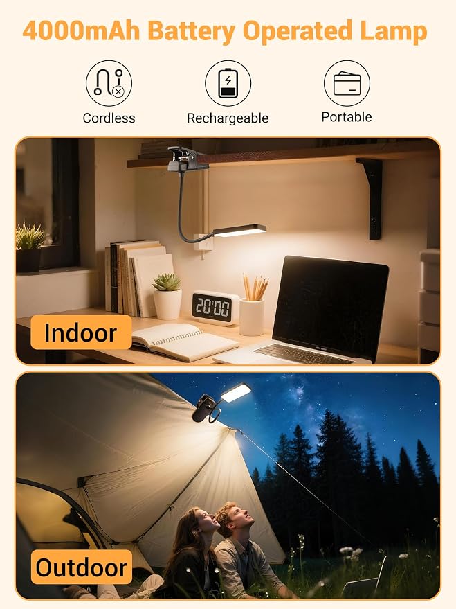 Clip on Light,9 Brightness+5 Color Rechargeable Lamp,48 LED Small Desk Lamp | 4000mAh Battery Powered Lamp,450 Lumen Clamp Light, Wireless & Cordless Book Reading Light for Bed/Bedside Table/Bedroom/Dorm