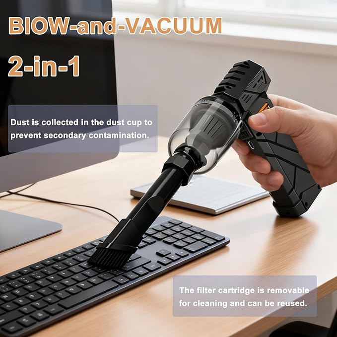 Compressed Air Duster, Car Vacuum Portable Cordless 2 in 1, 130000RPM Electric Air Duster with LED Display&Light, Adjustable Cordless Handheld Blower Vacuum Cleaner for Keyboard, PC, Car and House