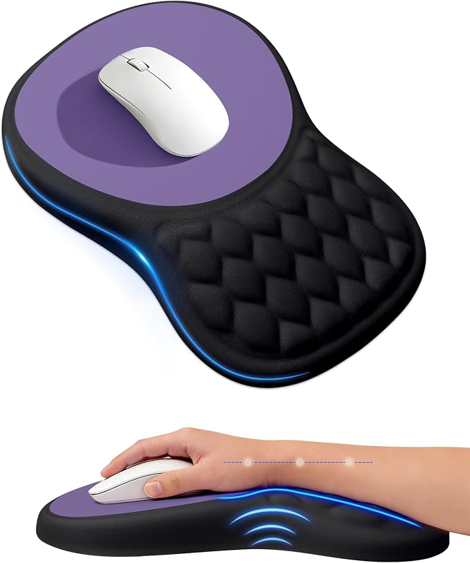 Ergonomic Mouse Pad with Sloped Memory Foam Wrist Rest, Black&Purple | 3D Textured Wrist Cushion, Smooth Lycra Surface, Non-Slip PU Base, Comfortable Support for Office/Home Computer Desks