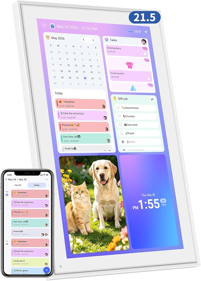 21.5" Digital Wall Calendar with Chore Chart & Planner | Sync Google, iCloud & Outlook Electronic Wall Calendar & Photo Frame No subscription Wall/Desk Mount Ideal Gift for Women