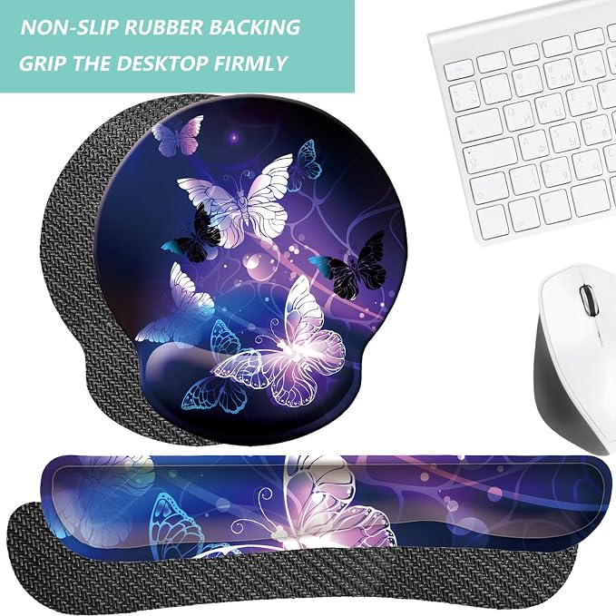 Keyboard Wrist Rest Pad Mouse Pad with Wrist Support Set of 3, Mousepad with Non-Slip Rubber Base, Ergonomic Memory Foam Mouse Wrist Cushion Support for Home Office Laptop Computer Gaming, Butterfly