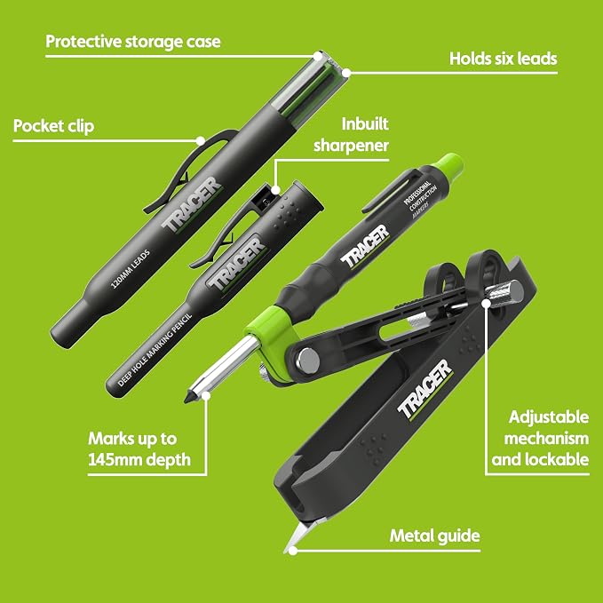 Tracer Professional Woodworking Scribe Tool Set ProScribe with Deep Hole Pencil, 6X 2.8 mm Lead Refills, Holster & Case - Precision Scribing Tool for Carpenters & Craftsmen