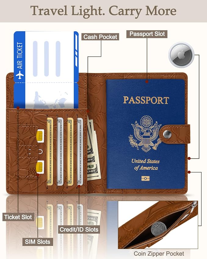 Slohif Elegant RFID Passport Holder for Travel with AirTag Rust Brown | Floral Embossed Passport Wallet for Women, Slim Vegan Leather Travel Organizer with Money Pocket and Card Slots