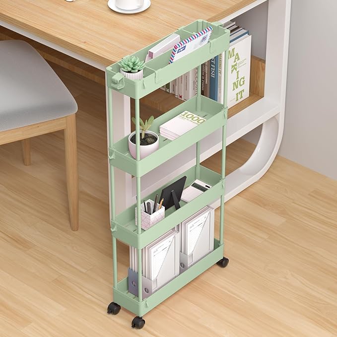 Slim Storage Cart 4 Tier,Bathroom Organizer Rolling Utility,Mobile Shelving Unit Slide Out for Office, Kitchen, Laundry Room & Narrow Places，Green