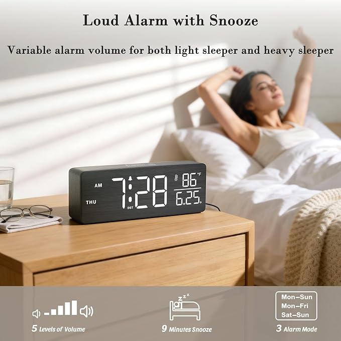 DreamSky Wooden Digital Alarm Clock with Date & Day of Week for Bedroom | Large Display Desk Clock for Living Room, Temperature, Dimmer, Adjustable Volume, Auto DST, Office Wood Décor (Plug-in)