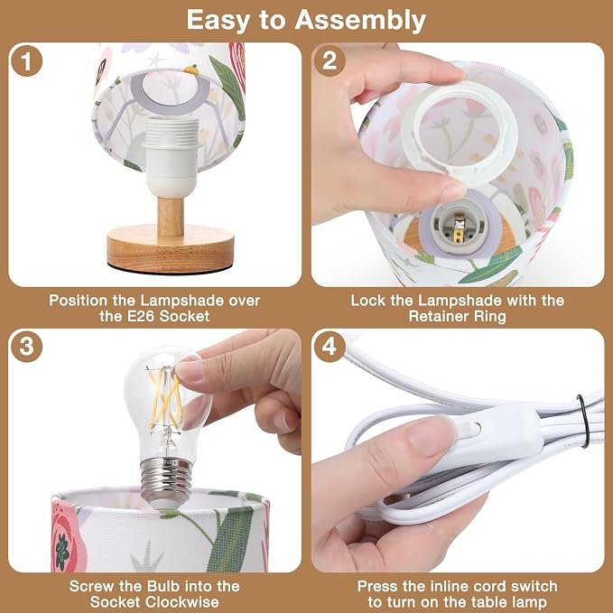 Small Table Lamps (Floral White Shade, 9" Inline Control) | 3000K LED Blub Included | 680 Lumens | Easy Assembly | Minimalist Design | E26 | for Kitchen | for Kids Room