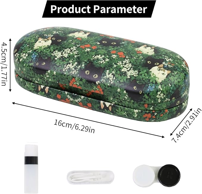 2 in 1 Contact Lens Case and Eyeglasses Case for Women Men Kids, Double Sided Hard Shell Portable Glasses Travel Holder with Built-in Mirror, Contact Lens Box Storage Kit (Green Cat)