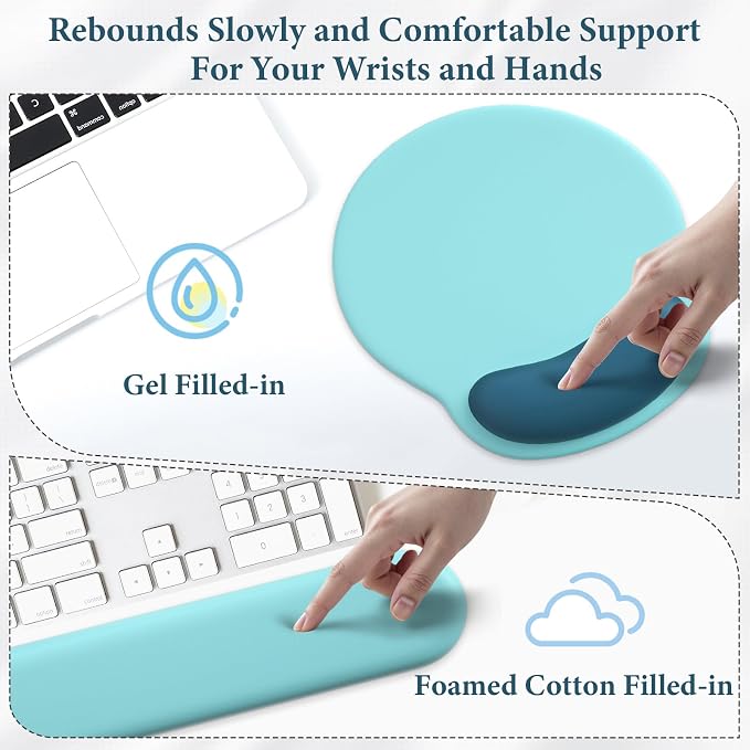3 in 1 Ergonomic Mouse Pad and Keyboard Wrist Rest with Coaster Set-Blue | Cute Large Mousepad with Gel Wrist Support for Gaming Computer Laptop Women Office Home Desk Decor