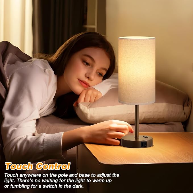 Dicoool 17.4" Bedside Lamp for Bedroom - Dimmable Touch, USB A+C, AC Outlet | LED Bulb Included, 3-Way Dimmable, 17.4" Table Lamp for Living Room, Dorm, Beige Fabric Lampshade, Brown Metal Base