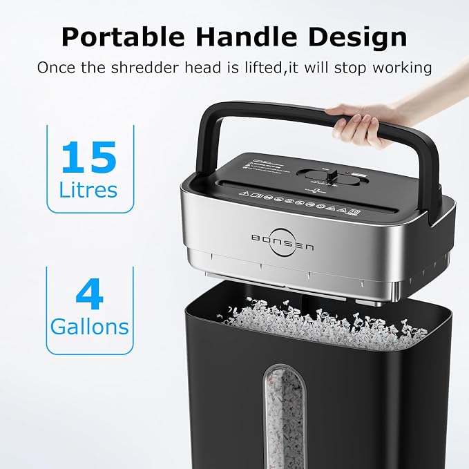 Bonsen 10-Sheet Cross Cut Paper Shredder for Home Office Heavy Duty | P-4, Portable Handle, 4 Gallons Bin, Paper and Credit Card Shredder, Black (S3201 New Version)