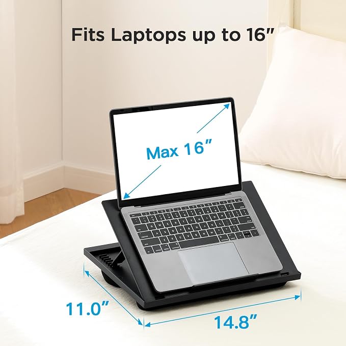 HUANUO Lap Desk with 8 Adjustable Angles – Up to 15.6" Laptop, Black | Dual-cushion base, carry handle, 30% thicker for durability, wider anti-slip ledge, for home office, sofa, bed, car