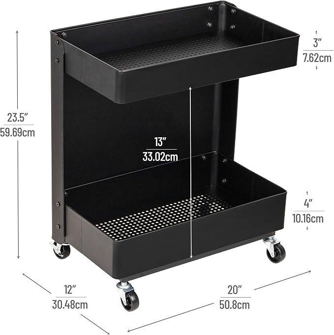 Mind Reader Under Desk Rolling Cart, 2-Tier Steel Utility Organizer, No Assembly Required, 12" L x 20" W x 23.5" H, Black