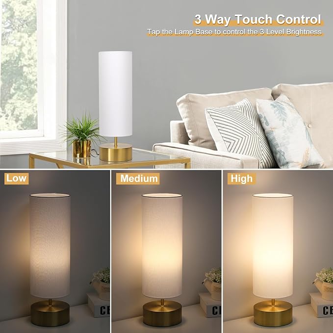3-Way Dimmable Table Lamp, Touch Control Gold Bedside Lamp with White Shade | Modern Nightstand Touch Lamp, Simple Side Table Lamp, Night Light for Bedroom Living Room Kitchen, LED Bulb Included