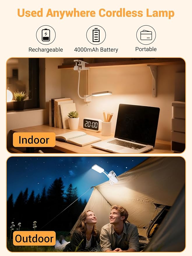 Clip on Lamp, 9 Brightness+5 Colors Reading Lights for Books in Bed Lamp | 4000mAh Battery Clip on Light,450 Lumen Rechargeable Desk Lamp for Dorm Lamp,Book Light for Reading in Bed Headboard/Bedside