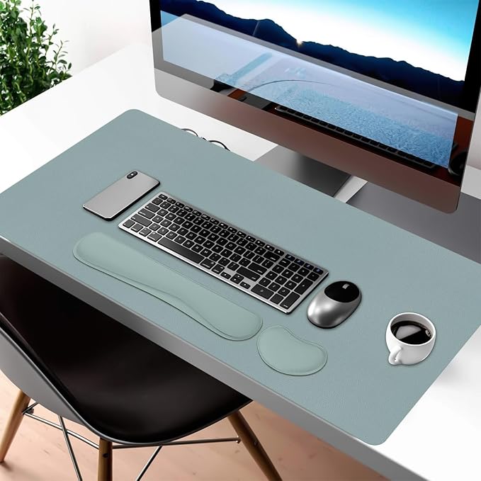 Desk Mat Set,3-in-1 Mouse Pad with Wrist Rest and Keyboard Pad | 35.4" x 16.9" Ergonomic Keyboard and Mouse Pad Set, Memory Foam Keyboard Wrist Rest, Waterproof Computer Mat, Mist Blue