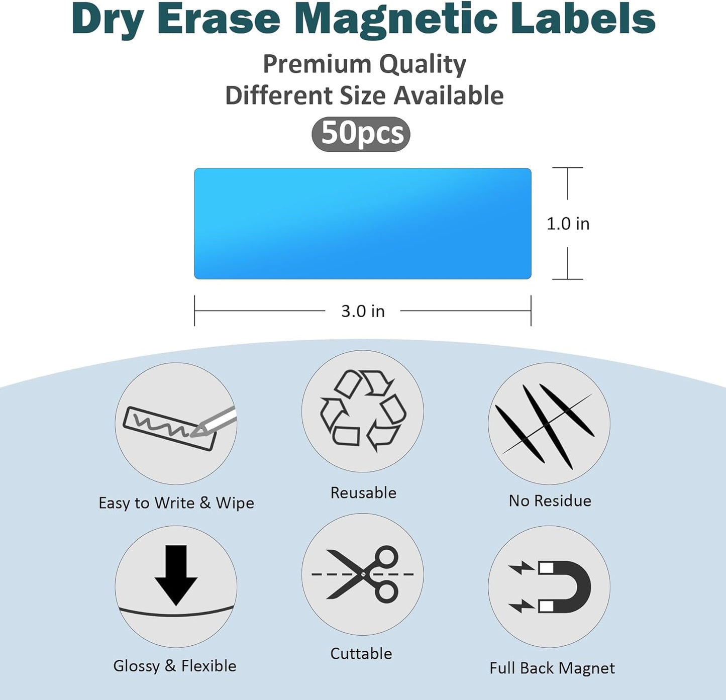 LLPT Dry Erase Magnetic Labels 1" x 3" 50 Packs Blank Writable Magnet Stickers Reusable for Refrigerator Shelf Whiteboard Toolbox Craft and Other Metallic Surfaces White (DML1030WT)