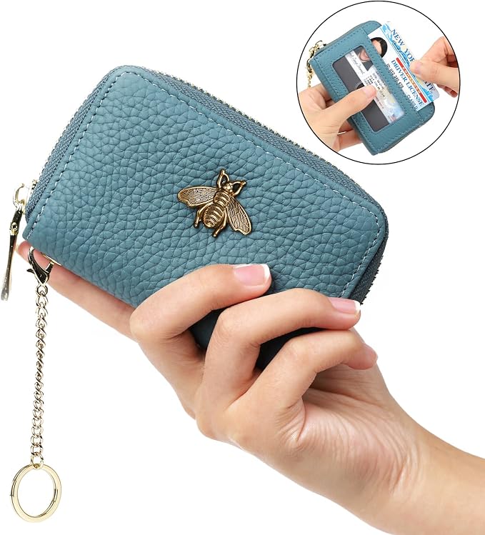 imeetu RFID Credit Card Holder, Small Card Wallet Women, Leather Card Case | Genuine Leather Women's Card & id Cases, Change Coin Purse with Zipper Keychain id Window, 20 Colors & 3 Styles, Daily, Gifts