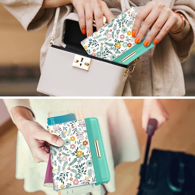 Coco Rossi Passport Holder for Travel Women Slim RFID Passport Cover Wallet | Travel Essentials, Passport Book Holders, Passport Wallet Cover Case, PU Leather, Cute, Thin, Spliced Design, Green Daisy