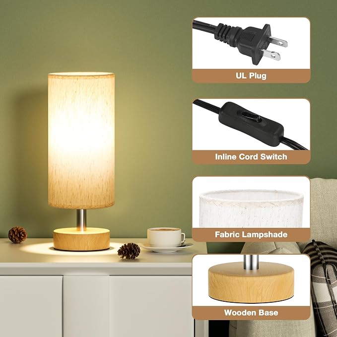 Table Lamp for Bedroom（Cream Shade - Wood Base, 11.6" Inline Control） | Bulb not Included | Minimalist Desk Lamp | Linen Fabric Shade | for Living Room | for Dorm