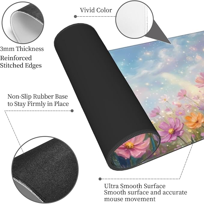 Flowers Gaming Mouse Pad Large Extended Desk Mat Non-Slip Rubber Base Keyboard Pad with Stitched Edges for Office Gaming 31.5x11.8 in